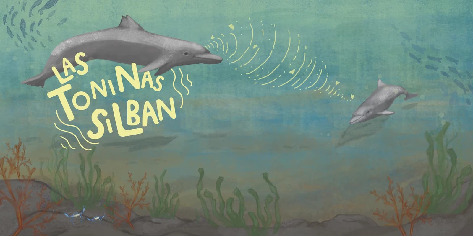 Ilustración de dos toninas nadando, con ondas de sonido amarillas saliendo de la boca de la primera, representando su silbido